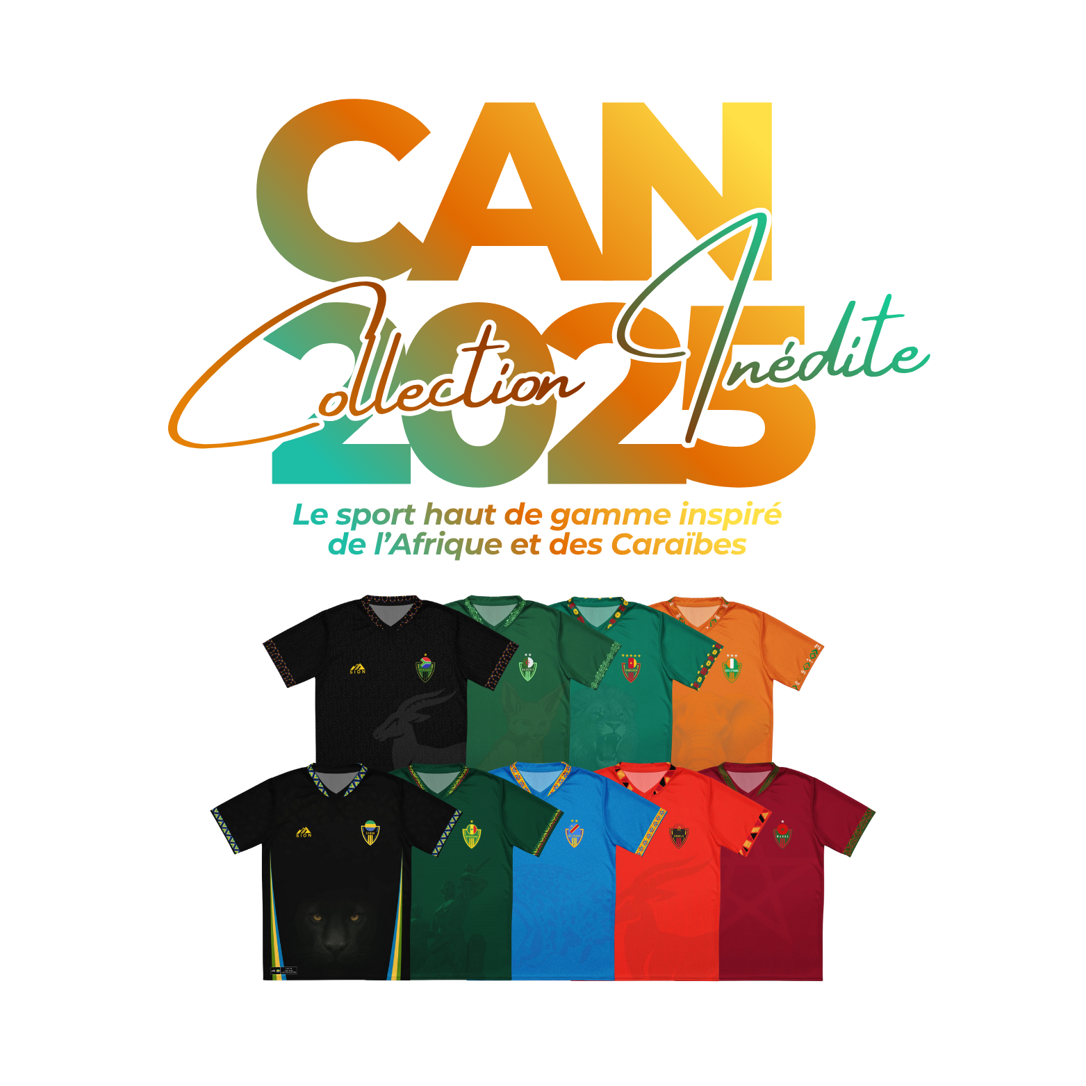 Affiche promotionnelle de la CAN 2025 montrant la coupe d’Afrique des Nations en édition limitée, des joueurs célébrant un but dans un stade rempli